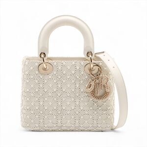 Christian Dior Lady Cannage Leather Pearl Handbag White